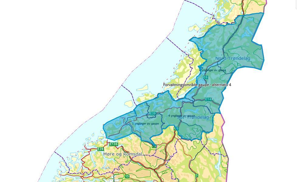 Side 32 av 33 Forvaltningsområde for gaupe alternativ 2 Indre Namdalen inkluderes i forvaltningsområdet i den nordlige delen av Trøndelag, grensene justeres litt etter terrenget i den sørlige delen