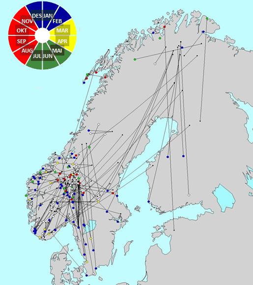 Figur 2. Trekk- og vandringsmønster hos ringmerkede kongeørn. Svart punkt markerer merkeplass med linjer ut til gjenfunn av samme individ.