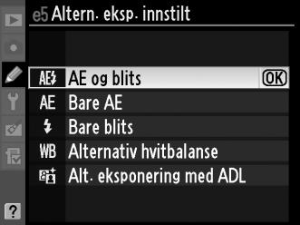 Velges i situasjoner der det er vanskelig å stille inn eksponering, hvitbalanse eller Aktiv D-Lighting og der det ikke er tid til å kontrollere resultatene og justere innstillingene etter hvert