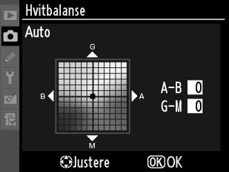 G-knapp For å vise menyene, trykk på G-knappen. Velg Hvitbalanse på opptaksmenyen, marker et hvitbalansealternativ og trykk på 2.