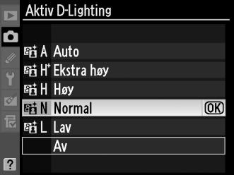 D-Lighting: Aktiv D-Lighting: P Høy 1 Velg Aktiv D-Lighting. Trykk på G-knappen for å vise menyene.