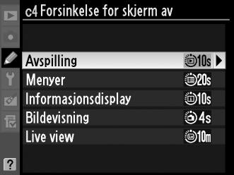 c4: Forsinkelse for skjerm av G-knapp A Meny for egendefinerte innstillinger Velg hvor lenge skjermen skal forbli på når ingen funksjoner brukes under avspilling (Avspilling; standardinnstillingen er