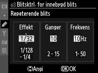 Manuell Velg blitsnivå mellom Full og 1/128 ( 1 /128 av full effekt). Ved full effekt er den innebygde blitsens ledetall 12 (m, ISO 100, 20 C).