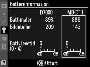 Batteriinformasjon G-knapp B Oppsettsmeny Vis informasjon om batteriet som sitter i kameraet. Element Batt. måler Bildeteller Batt. levetid Beskrivelse Gjeldende batterinivå i prosent.