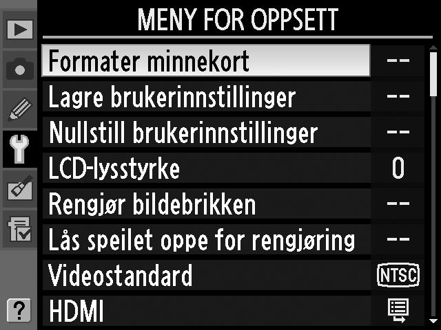 Kameramenyene Du finner de fleste alternativene for fotografering, avspilling og oppsett i kameramenyene. Trykk på G-knappen for å vise menyene.