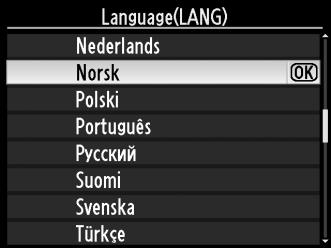 Grunnleggende oppsett En dialogboks for valg av språk vises første gang du skrur på kameraet. Velg språk og angi tid og dato.