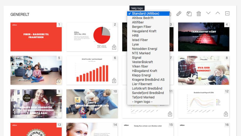 For å endre avsenderlogo for hele presentasjonen: 1. Åpne din presentasjon. 2. I toppfeltet for presentasjonen, velg Altibox (default). 3.