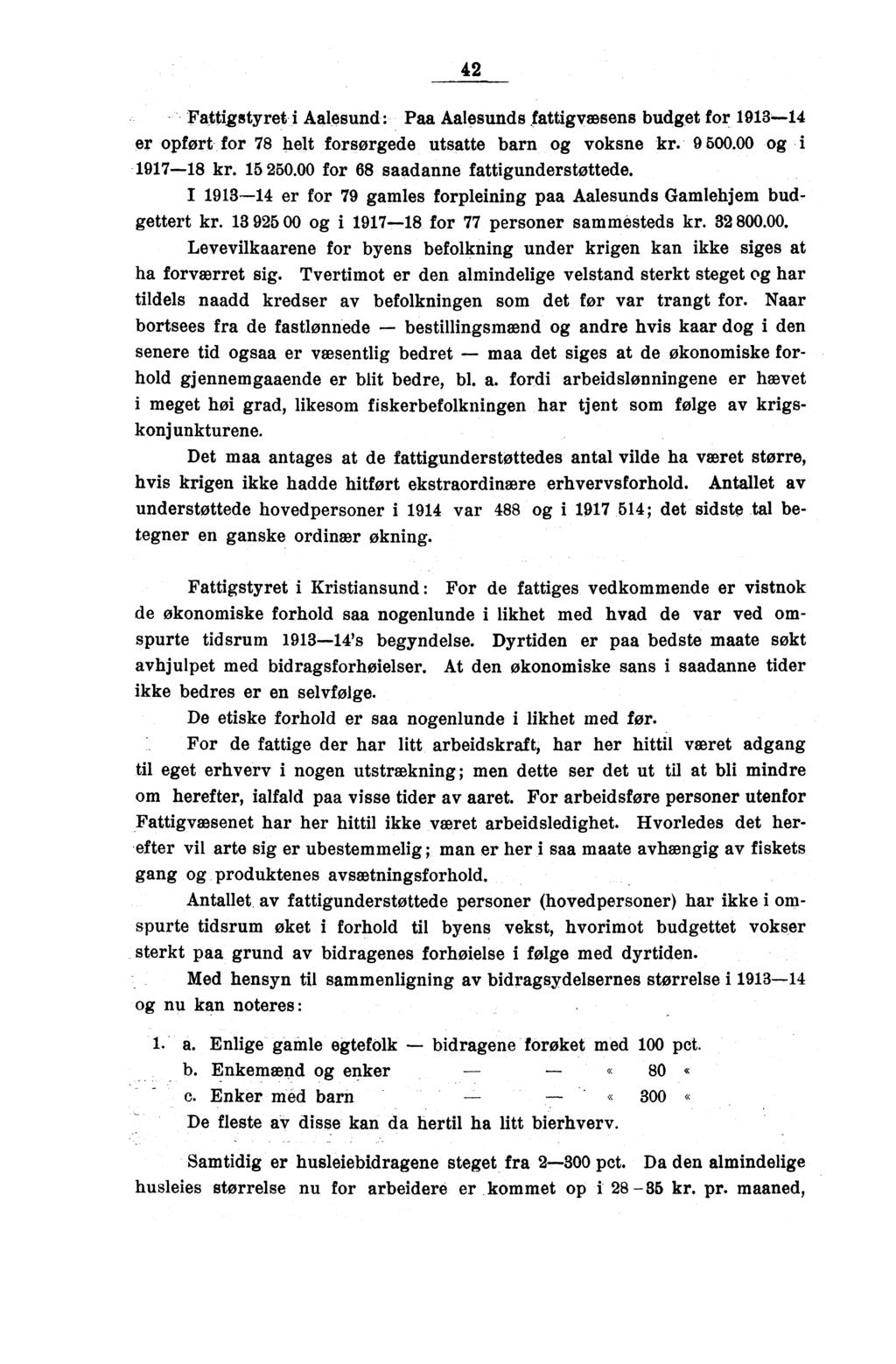 42 Fattigstyret i Aalesund: Paa Aalesunds fattigvæsens budget for 1913-14 er opført for 78 helt forsørgede utsatte barn og voksne kr. 9 500.00 og i 1917-18 kr. 15 250.