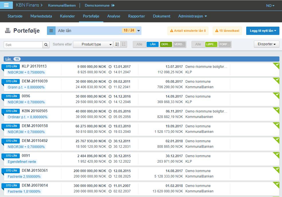 PORTEFØLJE Under Portefølje finner du oversikten over alle lån og avtaler. Lånene i Kommunalbanken ligger tilgjengelig og oppdateres daglig.