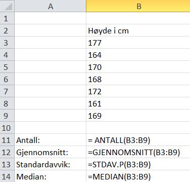 Formelen for antall i B11 trenger vi egentlig ikke her. Den er bare tatt med for å vise at Excel lett kan telle opp antall celler i et område; her antall høyder. 6.