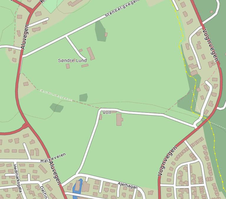 Boligfelt Vold og Lund, vegtrafikkstøyberegninger 6 Vold og Lund boligfelt, trafikkstøy. 6.1 Vegtrafikkstøy Beregning av støysoner er utført i høyde 4 m over terreng, uten bygninger, med utbygget og uten utbygget boligfelt.