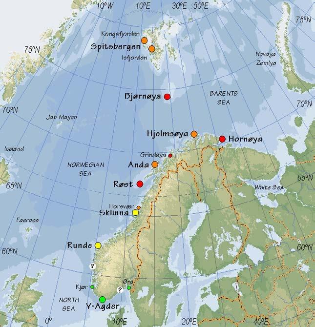 1.4 Overvåkningsdata 1.4.1 Det nasjonale overvåkningsprogrammet for sjøfugl Det nasjonale overvåkningsprogrammet for sjøfugl dekker bestandsutvikling for en del sjøfuglarter i et utvalg av kolonier langs kysten.