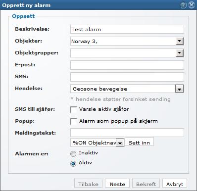 Opprette ny alarm Klikk på I fanen Aktive alarmer og velg Opprett ny alarm.