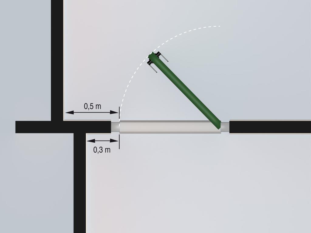Årsaken til at døråpner må plasseres utenfor dørens slagradius er fare for sammenstøt når døren slår opp.