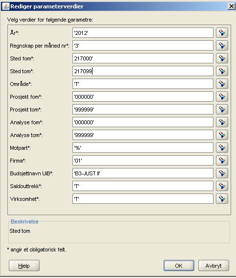 Hvordan ta ut rapporter i Discoverer Plus (2/6) Velg parametre Velg rapportparametre velg de avgrensninger som gjelder for din rapport (År, mnd, dato, sted, prosjekt, analyse, art, kunde, selger,