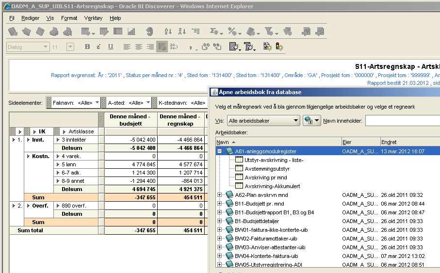 Forskjellige type rapporter - Brukertilkobling UIB A - Anleggs-/utstyrsrapporter B - Budsjettrapporter BW- BasWare - rapporter D - Detaljrapporter/Transaksjonsrapporter K - Kundemodulrapporter L -