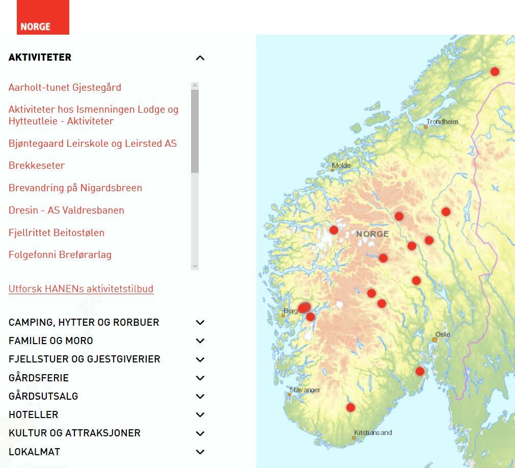 Listing av deltakerne på forsiden av visitnorway.no. Eksempel på bildekarusell med deltakere innenfor kategorien gårdsferie.