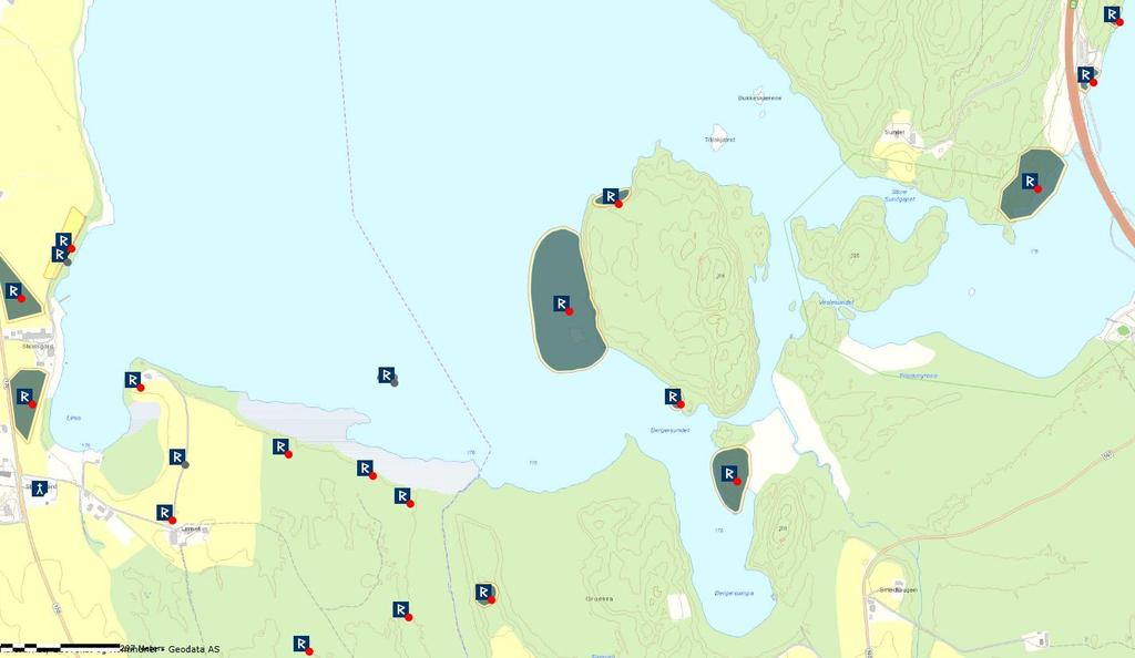 Skjermdump fra Askeladden. Det er registrert mye steinaldermateriale i sydenden av Hurdalssjøen.