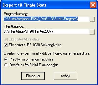 Kap. 6 Overføring fra FINALE Årsoppgjør til FINALE Skatt Side 28 Feltet "Programkatalog" finner normalt fram til programkatalogen automatisk.