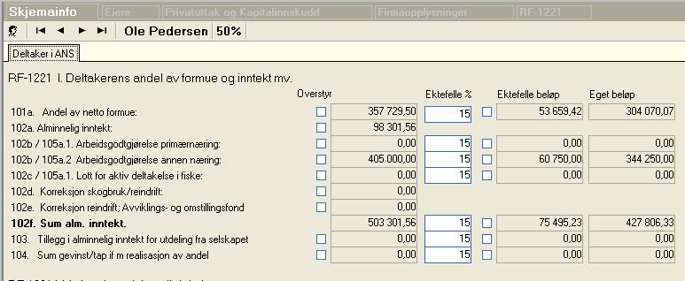 Kap. 6 Overføring fra FINALE Årsoppgjør til FINALE Skatt Side 35 Ektefelles andel av inntekter og formue angis enten med prosentandel eller i beløp.