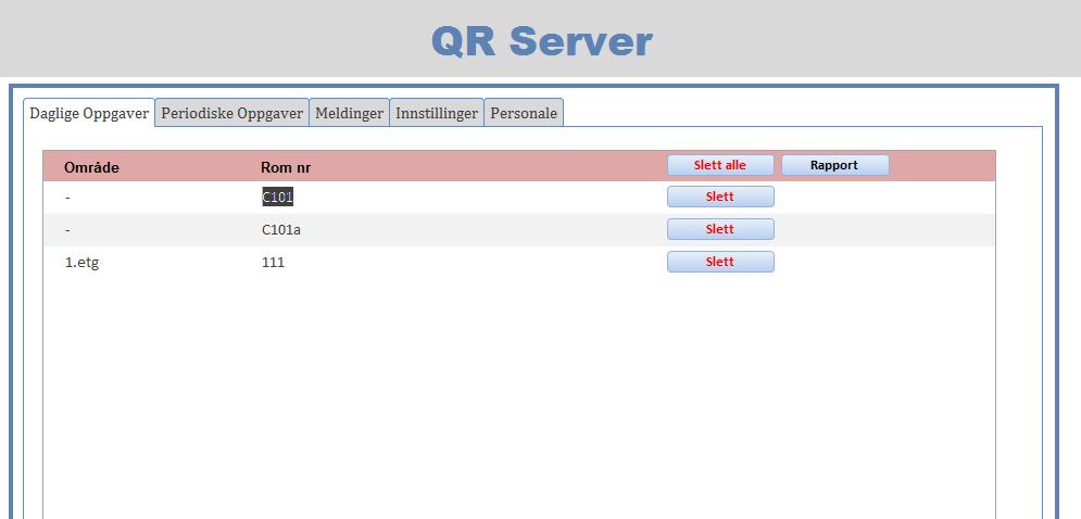 8 1.7 Daglige oppgaver-fane Slett-knapp: Dette vil slette opptegnelsen og all aktivitet for gjeldende område / rom.