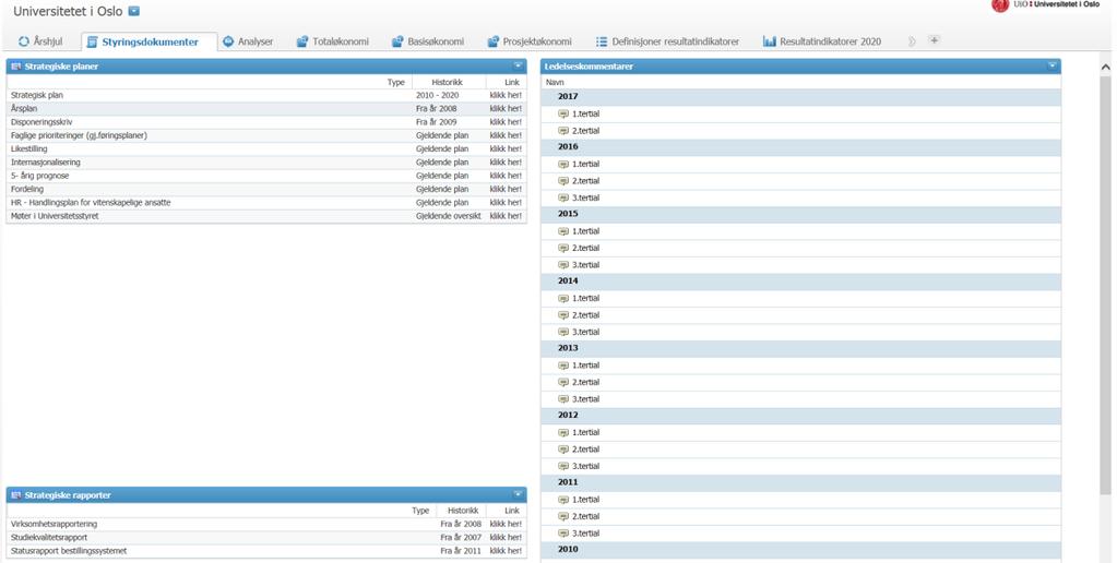 4.2 Styringsdokumenter Under arkfanen Styringsdokumenter får man ytterligere informasjon om Strategiske planer, rapporter samt Ledelseskommentarer.