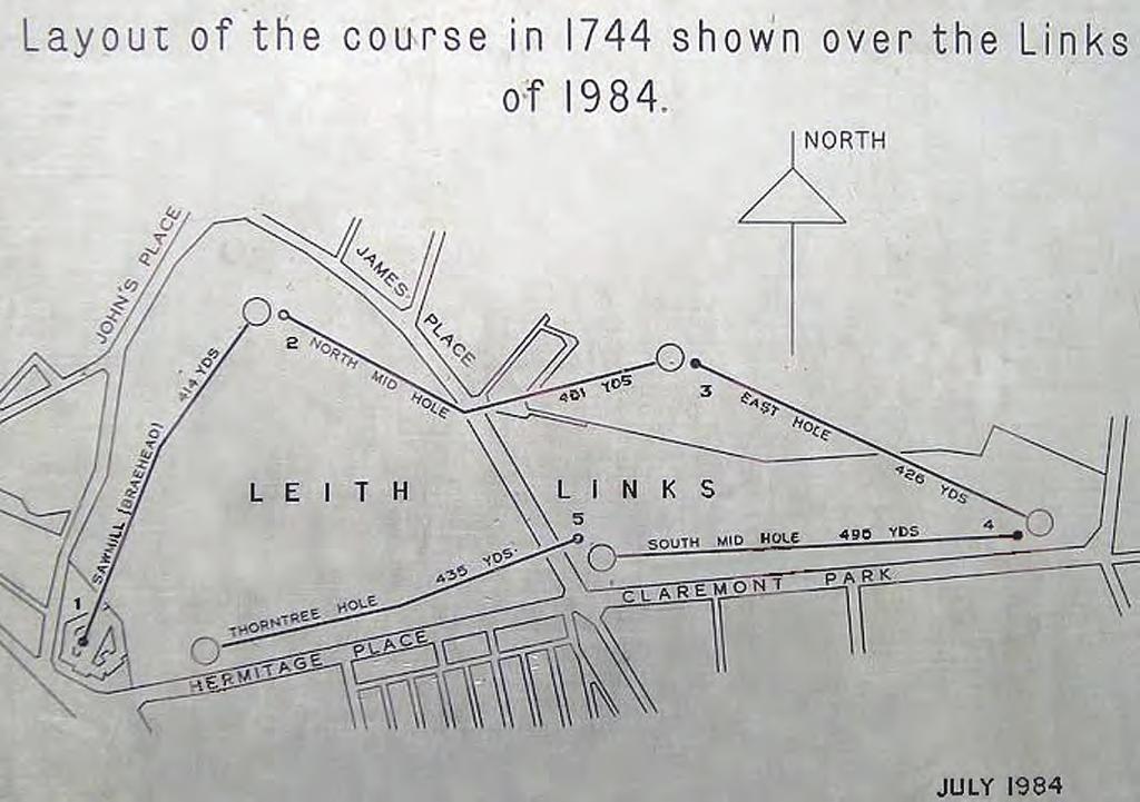 Layouten til verdens første golfklubbs bane, Leith Golf Club fra 1744. 34 opprør mot engelskmennene i 1641, fikk Kong Charles I beskjed om opprøret mens han spilte golf på banen i Leith i Skottland.