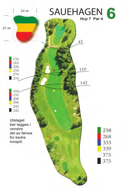 Bildet er tatt omtrent midt på fairwayen til hull 6 (Sauehagen). Greenen kan så vidt skimtes øverst til høyre mot trærne.