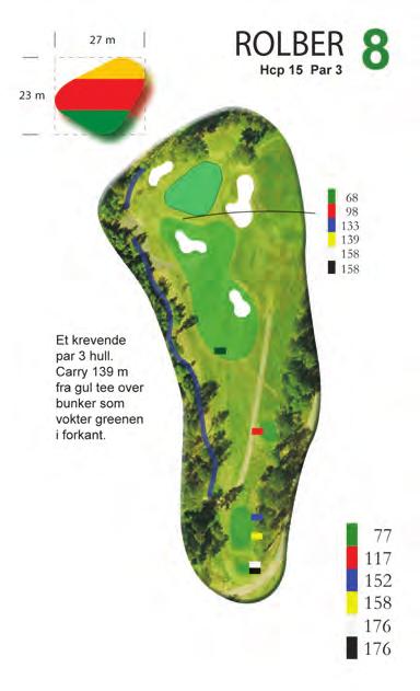 Harmonisk sving påkrevet For mange føles dette par 3-hullet som litt vrient og krevende. Innspillet bør ha en god carry over en bunker og en liten, ekkel kolle i forkant av greenen.