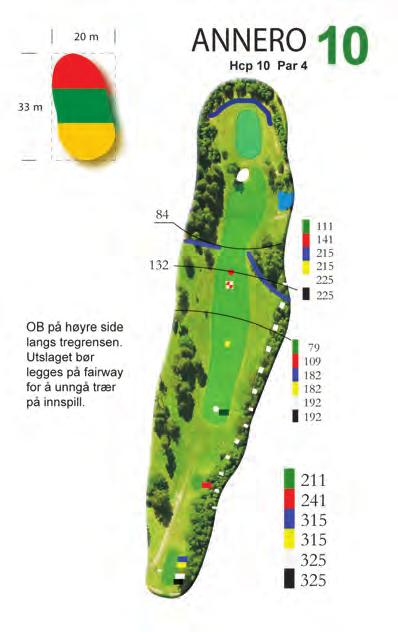 Hull med historisk sus Etter det litt krevende sistehullet på front nine, er det hyggelig å starte back nine med et middels vanskelig par 4-hull. Det er kun 315 meter fra gul tee.