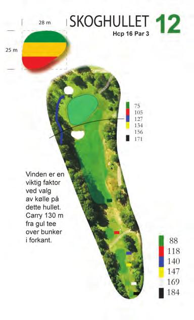 Hcp 18 Par 3 Vinden kan spille deg et puss Dette er banens enkleste par 3-hull. Fra gul tee er det 147 meter til midt på greenen. Valg av jern er avgjørende.