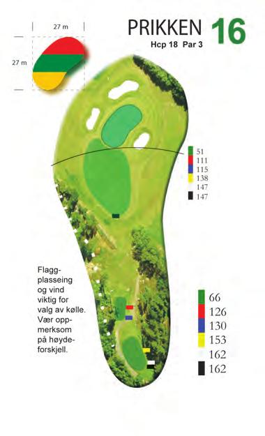 For den langtslående er det mulig å nå inn på to slag. Det er verdt å merke seg at fairwayen heller merkbart mot høyre et godt stykke forbi de tre bunkerne som vokter venstre side av fairwayen.