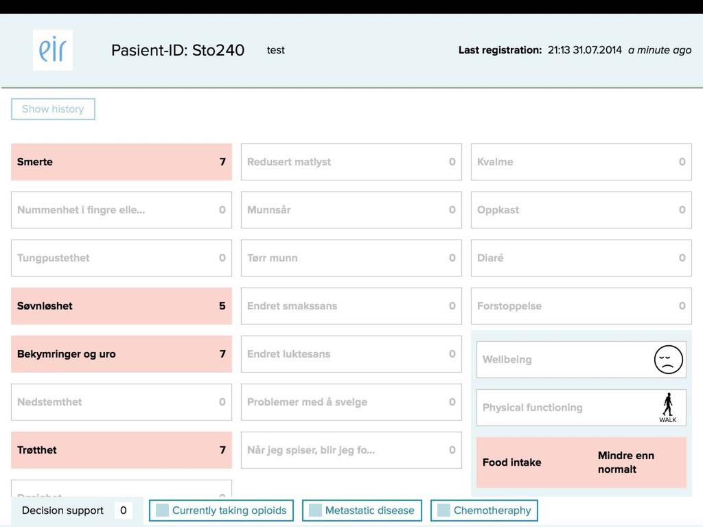 Illustrasjonsbilde av mulig layout for Eir for helsepersonell Dersom helsepersonellet har tid, er det mulig å få se flere detaljer fra pasientens svar ved å klikke på boksen til selve symptomet.