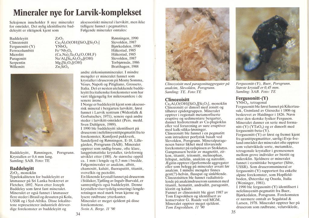 Mineraler nye for Larvik-komplekset aksessoriskt mineral i larvikitt, tidligere funnet i pegmatitter. Følgende mineraler omtales: Seksjonen inneholder 8 nye mineraler for området.