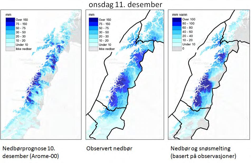 Mandag 9. desember varslet Arome-00 opptil 122 mm nedbør og varmegrader for modellfeltene i Nordland den 11. desember. EC-00 ga feltene opptil drøyt 60 mm nedbør 12.