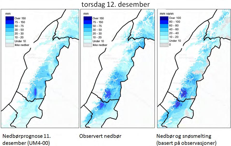 Figur 6. Nedbørprognose, observert nedbør og regn + simulert snøsmelting 12. desember (dvs.