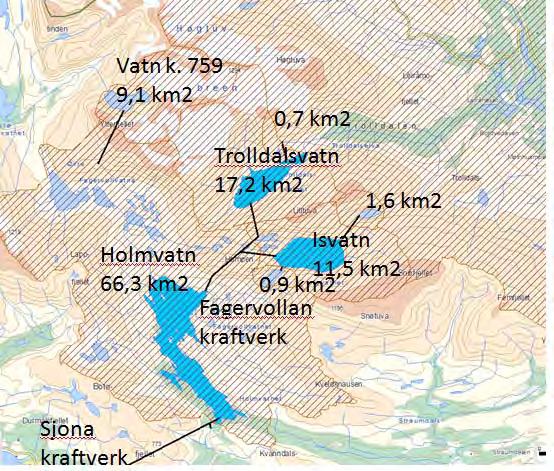 Figur 19. Kart som viser reguleringene knyttet til Sjona og Fagervollan kraftverk i Holmelva. Overføringer mellom feltene er vist med svarte streker.