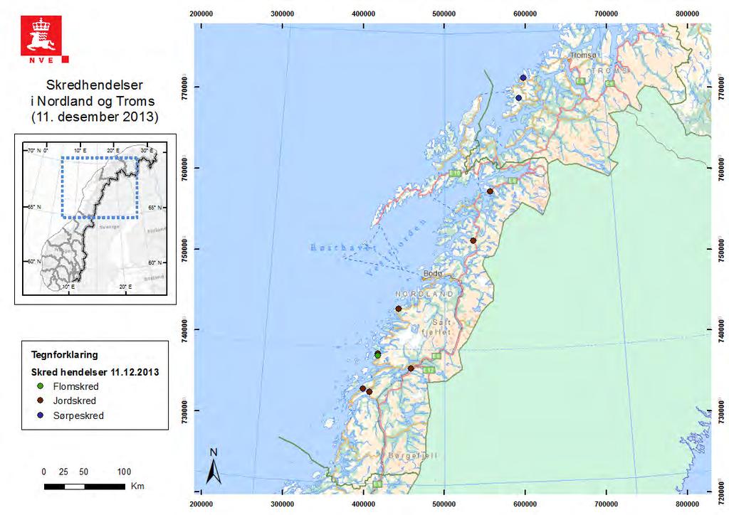 Figur 24 Observerte jordskredhendelser i Nordland og Troms, 11. desember 2013 6 Varsler fra NVE 6.1 Flomvarsler Tabell 8 viser flomvarslene fra NVE slik de ble publisert på www.varsom.