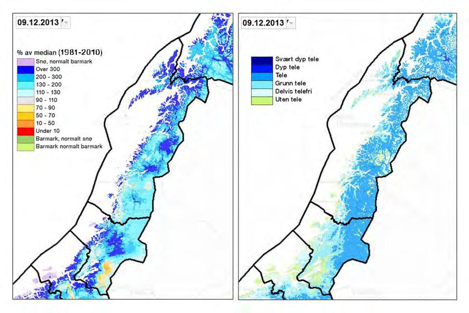 1 Initialtilstand 1.1 Snøforhold Figur 1. Snømengde i prosent av normalen til venstre og teledyp til høyre, 9. desember 2013. Modellsimuleringer fra xgeo.