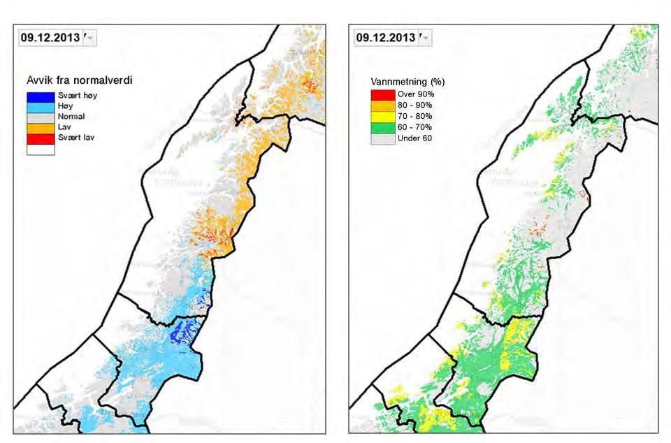 Figur 2. Snøens vannekvivalent, høydefordelt, 9. desember 2013 (mørke blå sirkler) sammen med tilsvarende data en uke før (turkise sirkler) og min/median/max 1981-2010 for 9. desember. Modellsimulering.