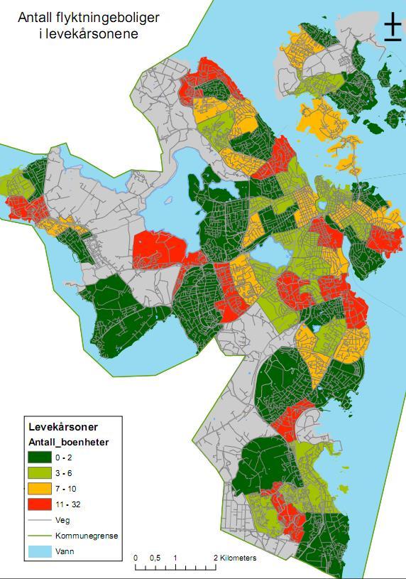 Figur 2 (Kilde: Stavanger kommune, ved Flyktningseksjonen) Kommentar og vurdering: Ut fra et integreringsperspektiv, hvor man antar at en høy konsentrasjon innenfor samme levekårssone vil