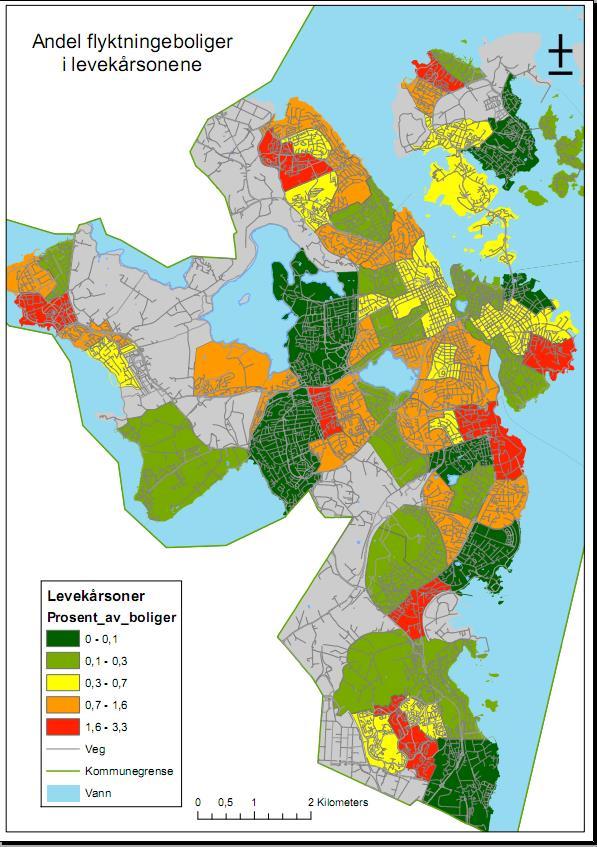 Figur 3 (Kilde: Stavanger kommune, ved Flyktningeseksjonen) Kommentar og vurdering: Hvor tett befolket, eller hvor mange boenheter totalt sett det er innenfor hver