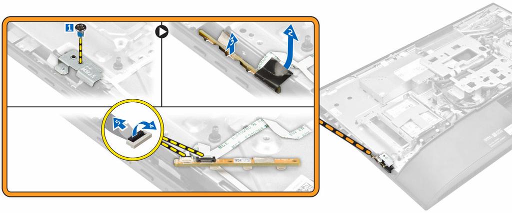 Ta ut kortet for knappene til skjermmenyen og strømbryteren (OSD) 1. Følg prosedyren i Før du arbeider inne i datamaskinen. 2. Ta av: a. stativ b. bakdeksel 3.