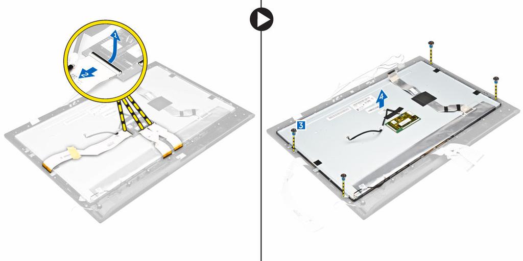 Fjern skruene som fester skjermenheten til kabinettet [3]. c. Løft skjermenheten bort fra datamaskinen [4].