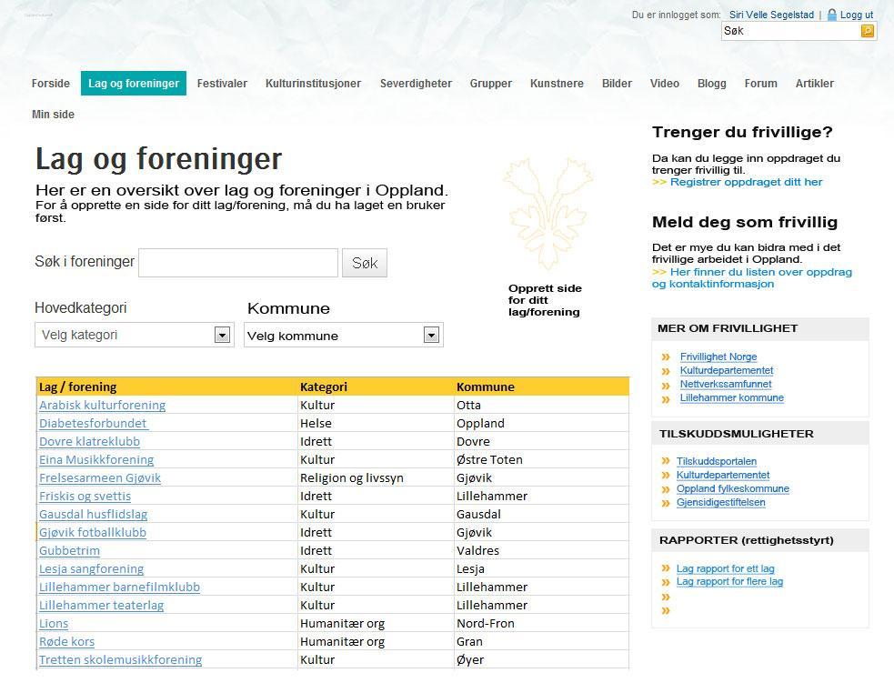 1. side «Lag og foreninger» Mulighet: Søk på