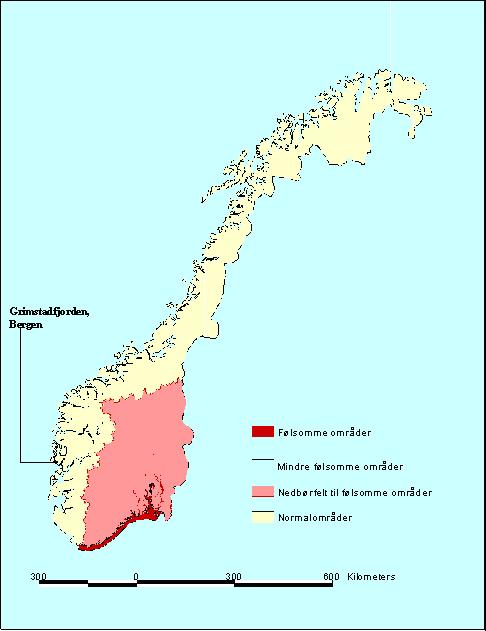 1.2 Områdeinndeling a) Følsomme områder Kyststrekningen Svenskegrensen-Lindesnes med tilhørende nedbørfelt og Grimstadfjordområdet (Nordåsvannet, Grimstadfjorden, Mathopen og Dolviken).