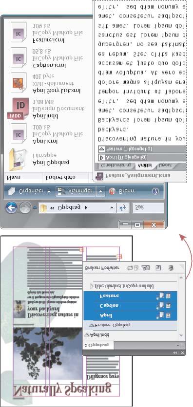 Et InDesign-dokument (*.indd) med en oppdragsfil (*.icml) som består av tre koblede innholdsfiler (*.incx). Oppdraget og komponentene vises i Oppdrag-panelet og åpnes i InCopy.