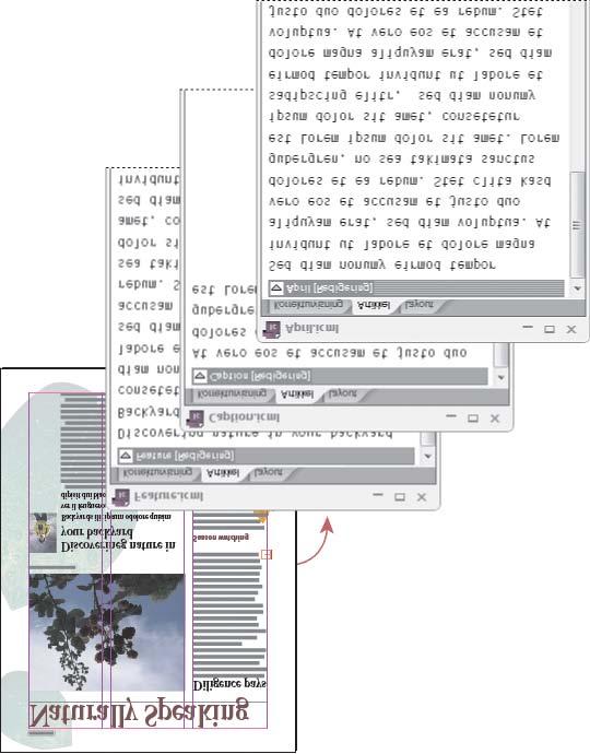 Et InDesign-dokument (*.indd) med tre koblede, men ikke tilordnede innholdsfiler (*.icml) som er åpnet i InCopy.