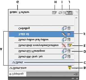 A. Navn på InCopy-innhold B. InDesign-dokumentnavn C. Oppdrag med statusen Foreldet D. Statusene Tilgjengelig og Tekstinnhold er oppdatert E. Statusene I bruk og Tekstinnhold er foreldet F.