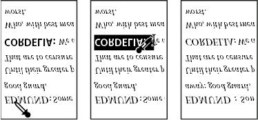 Pipetteverktøyet klikkes på formatert tekst for å kopiere formateringen (til venstre), deretter dras verktøyet over uformatert tekst (i midten) for å bruke denne formateringen (til høyre).